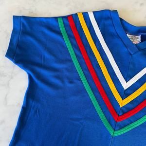 Vintage 80s Multi Color Chevron Striped Blue V Neck Short Sleeve Shirt / 1X